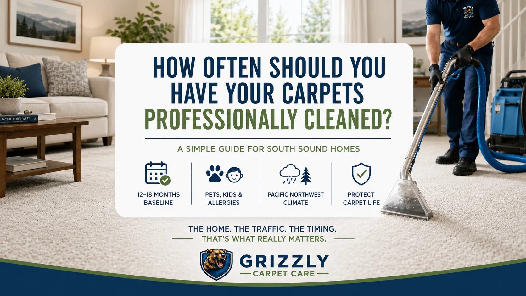 How often to have your carpets professionally cleaned — a clean living-room carpet by Grizzly Carpet Care, Olympia WA