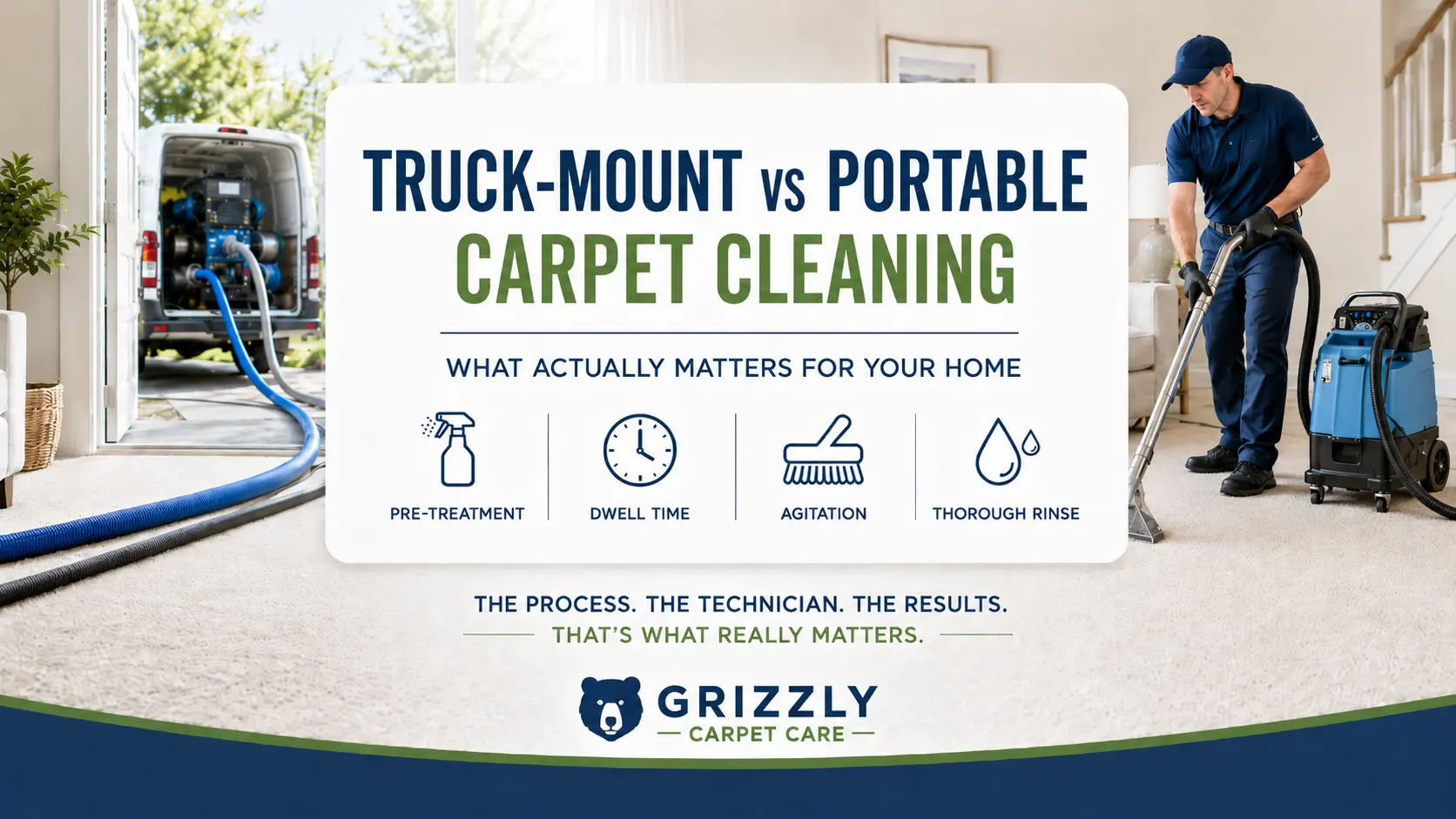 Truck-Mount vs Portable Carpet Cleaning — what actually matters: pre-treatment, dwell time, agitation, thorough rinse — Grizzly Carpet Care